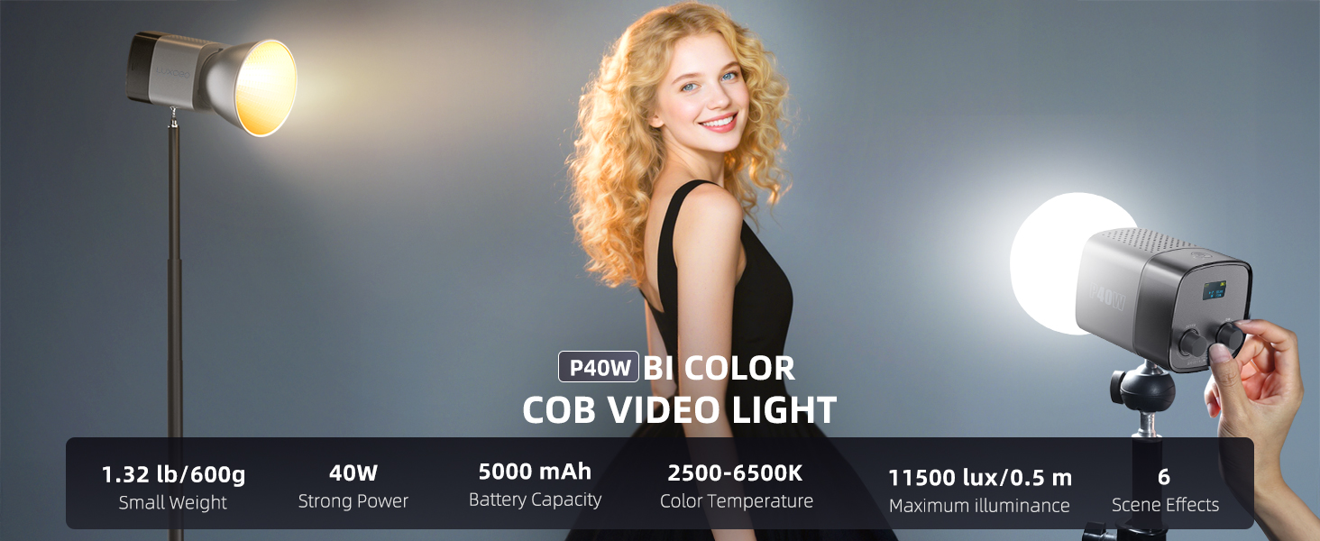 LUXCEO P40W LED video light specifications: color temperature range of 2500-6500K, 11500 lux maximum illumination and 6 scene effects, weight 1.32 lb/600g, and battery capacity 5000 mAh.