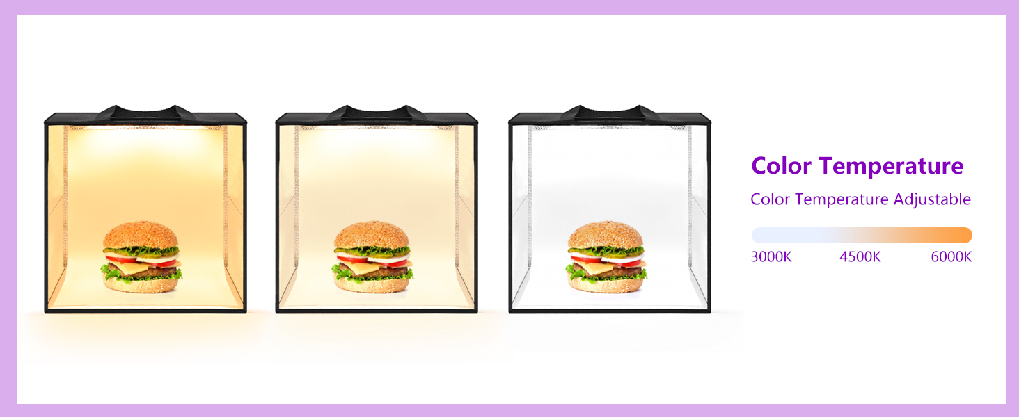 LUXCEO LED photo studio box (color temperature adjustment from 3000K to 6000K) enable warm to cool lighting.