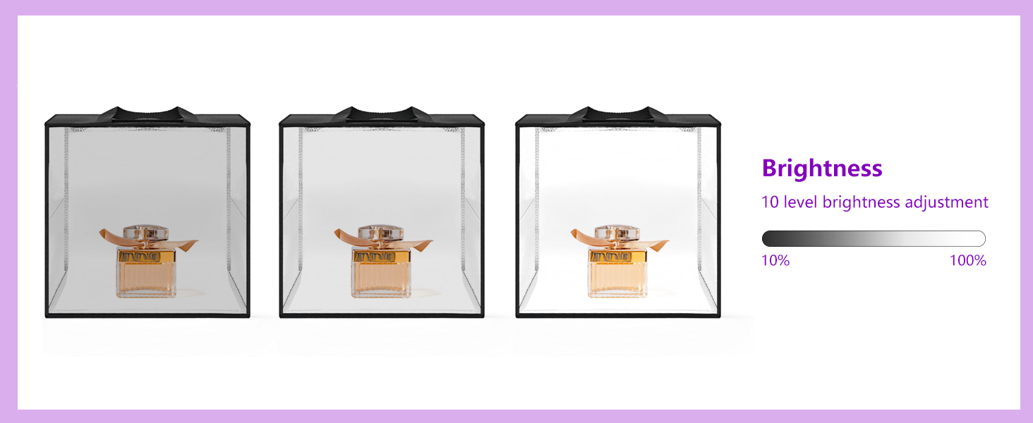 LUXCEO LED photo studio box showcases adjustable brightness with 10-level control, allowing precise lighting for product photography and showcasing details from 10% to 100% intensity.
