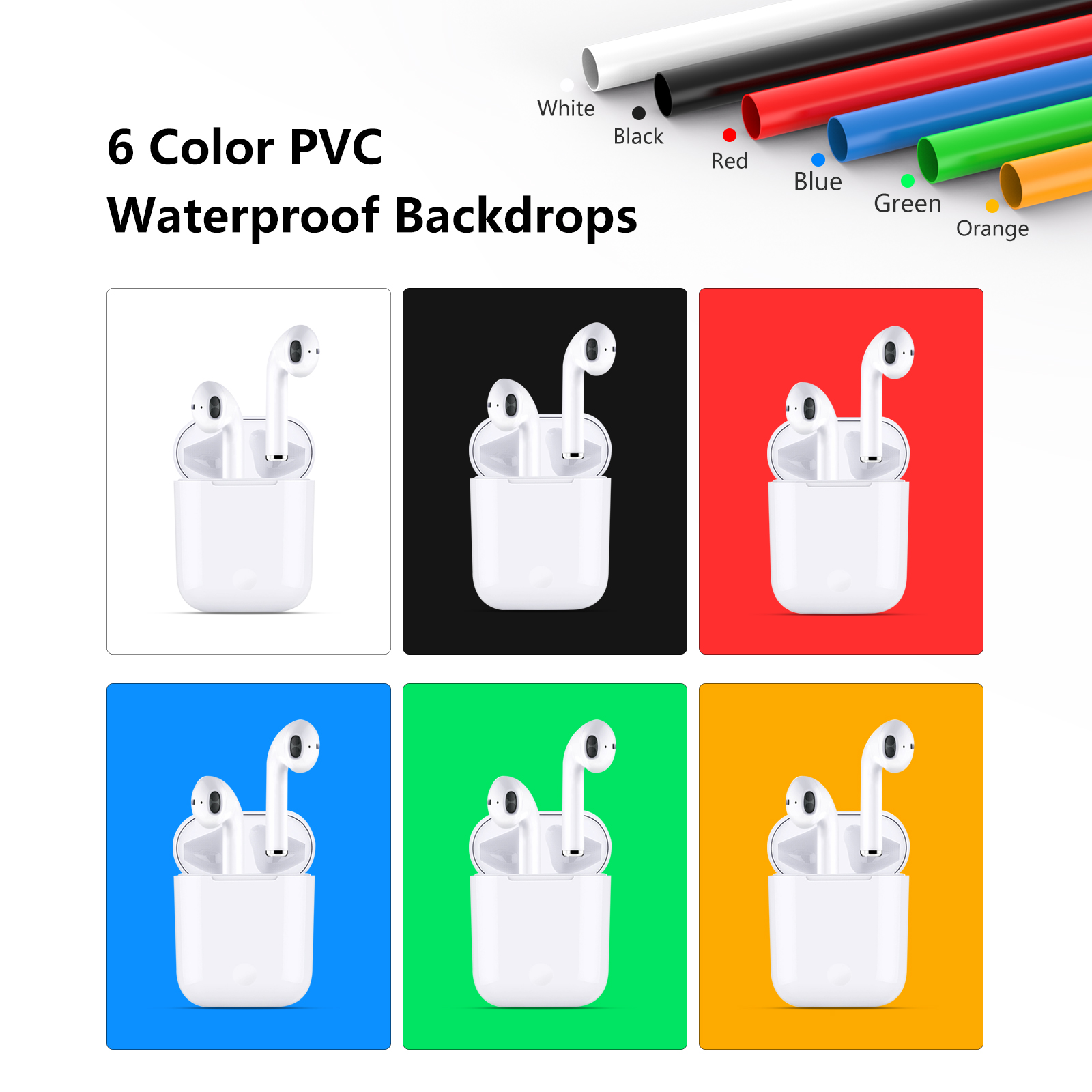 LUXCEO LED photo studio box with 6 interchangeable waterproof PVC backdrops in white, black, red, blue, green, and orange.