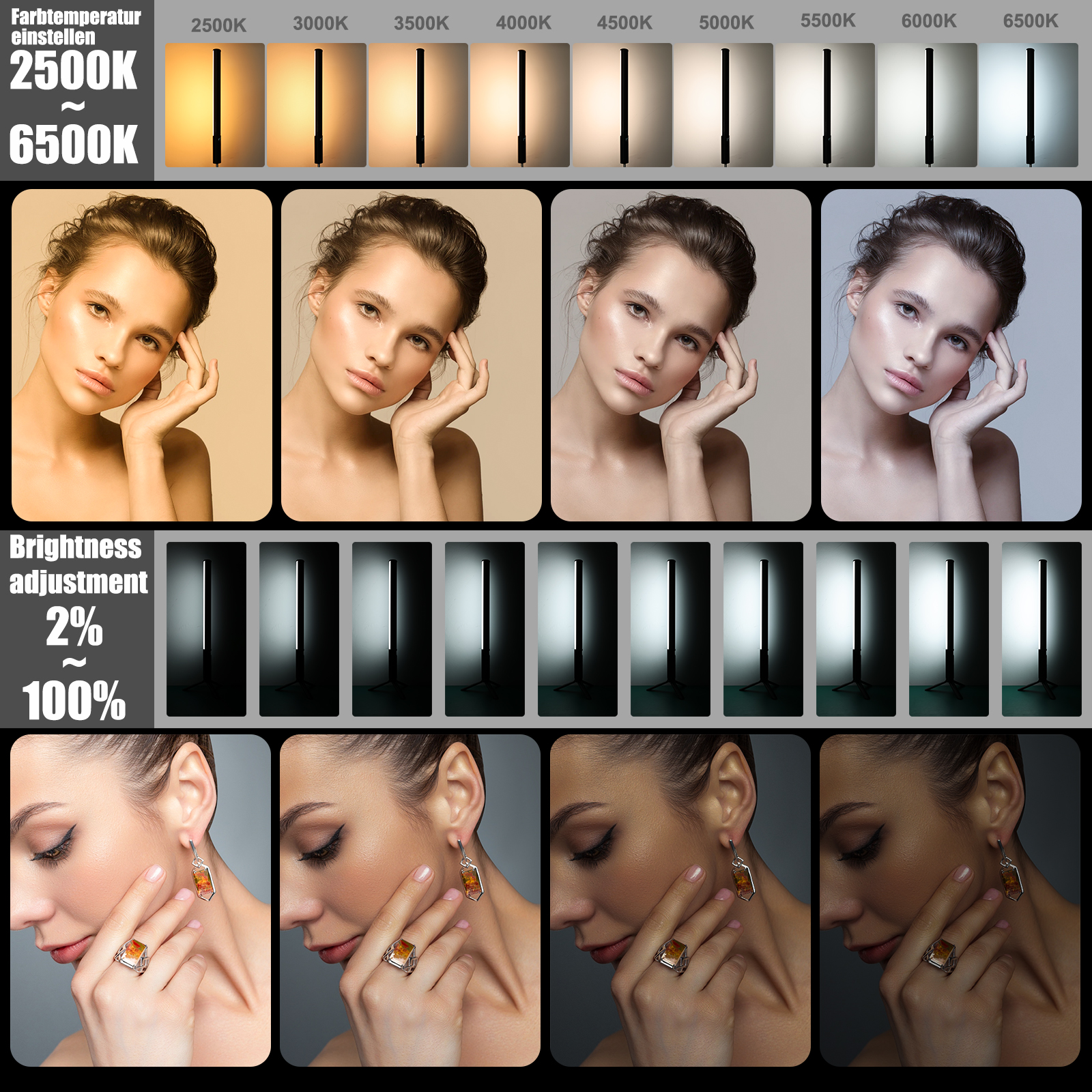 LUXCEO P520 full color photography light displays color temperature settings from 2500K to 6500K, and brightness adjustment from 2% to 100%.