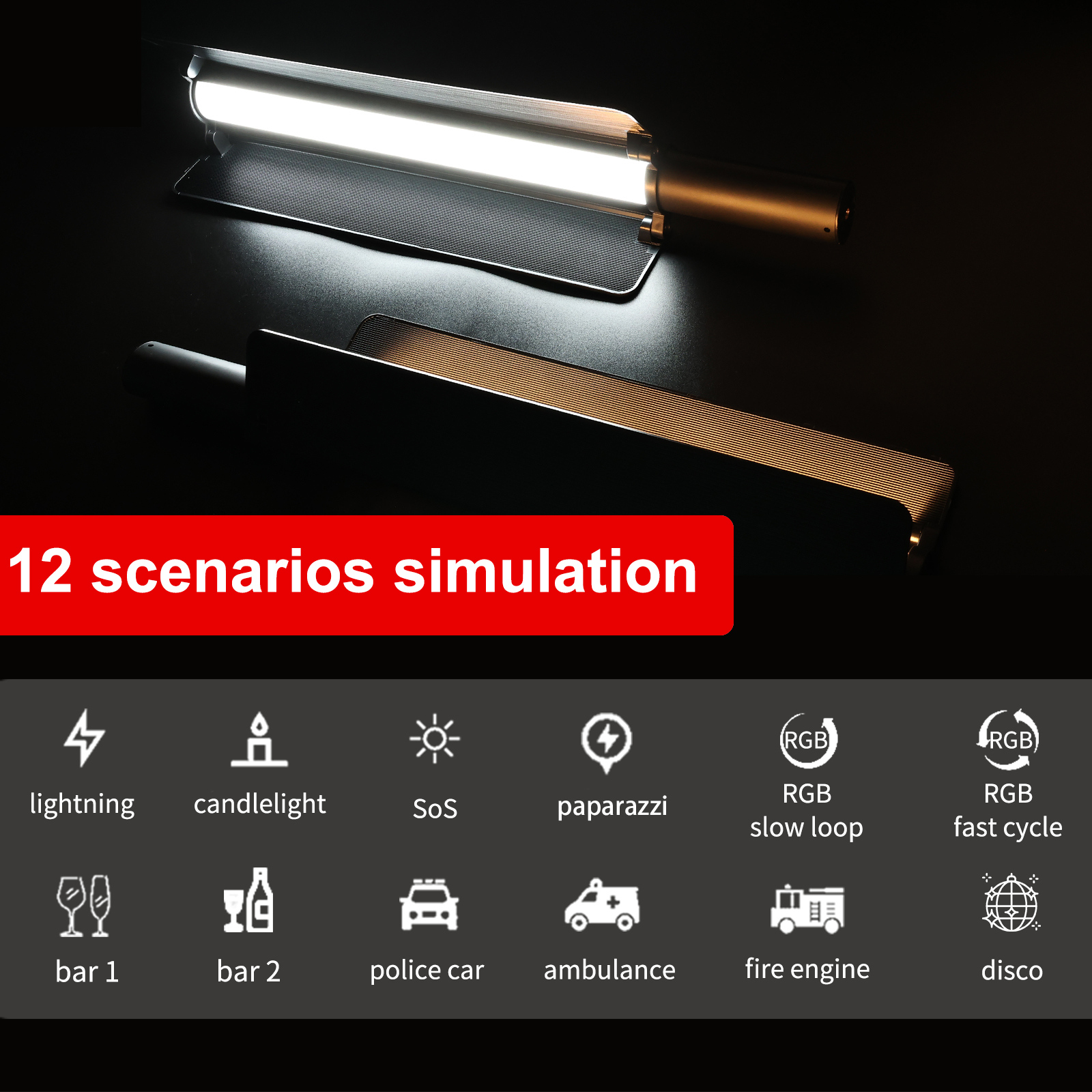 LUXCEO P520 full color photography light has 12 scenarios including lightning, candlelight, SOS, paparazzi, bar, police car, ambulance, fire engine, and disco.