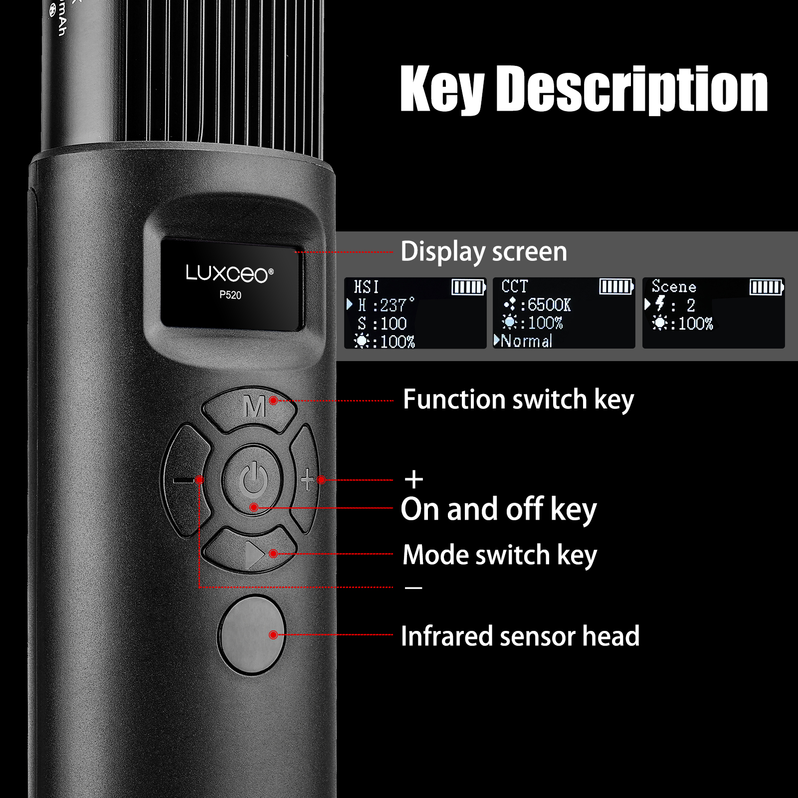 LUXCEO P520 full color photography light key description with labeled diagram of the controls, including function switch key, on/off key, mode switch key, infrared sensor head, and the display screen.