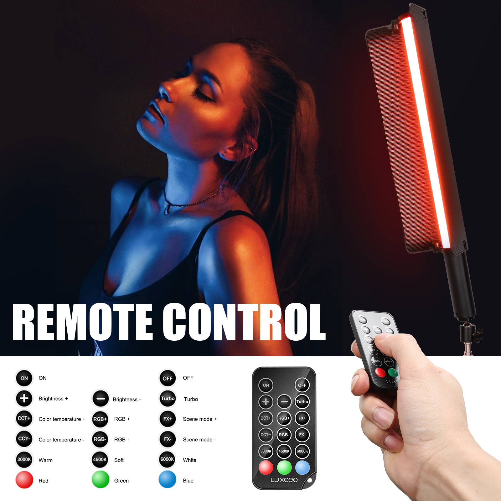LUXCEO P520 full color photography light with remote control, allows convenient adjustment of brightness, color temperature, RGB values, and scene modes.