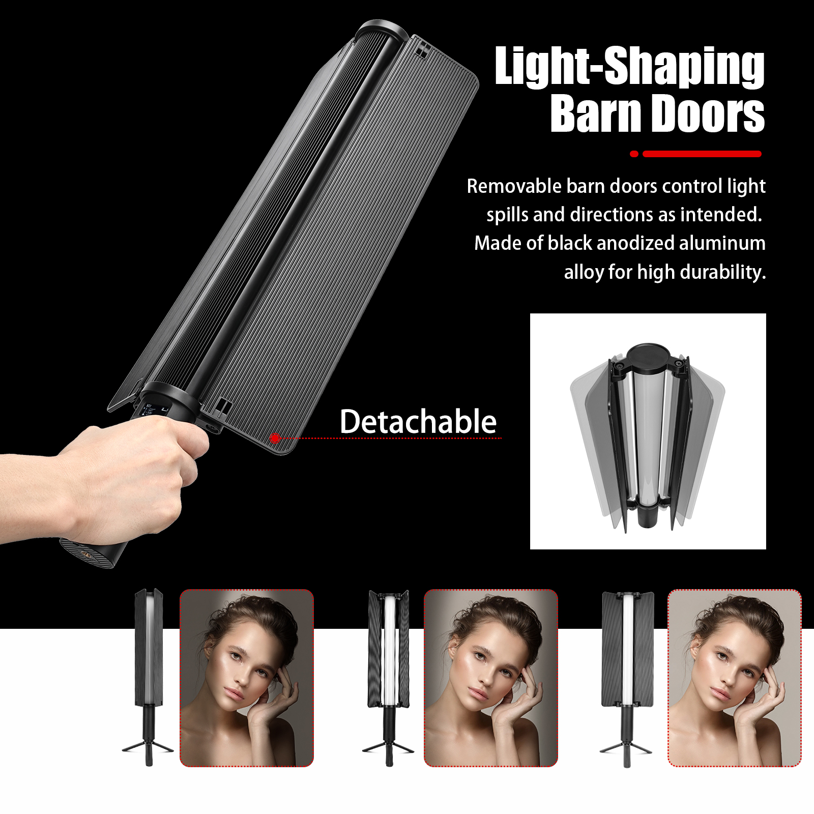 LUXCEO P520 photography light has detachable light-shaping barn doors made of black anodized aluminum, controlling light spills and direction.