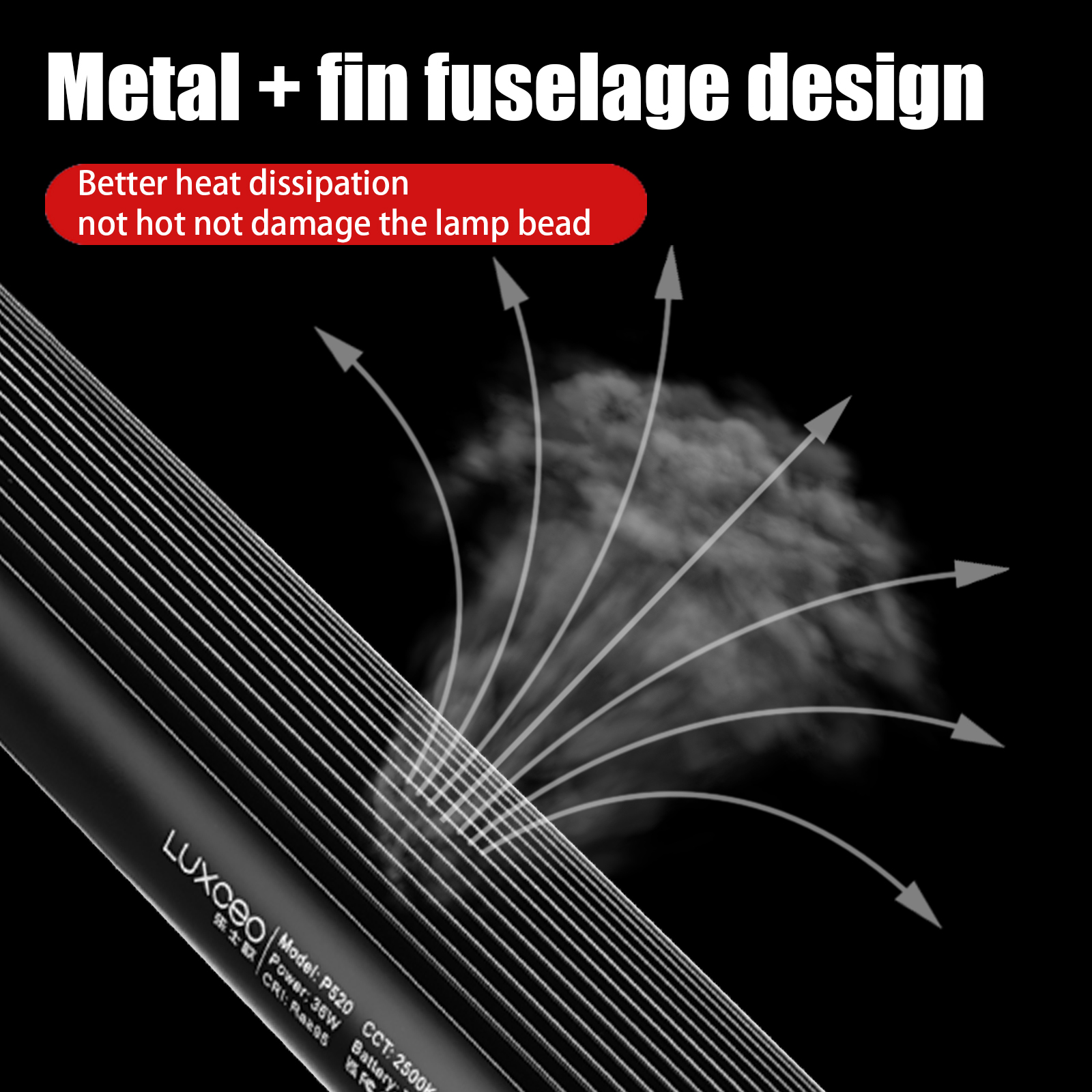 LUXCEO P520 photography light features a metal fin fuselage design for better heat dissipation.