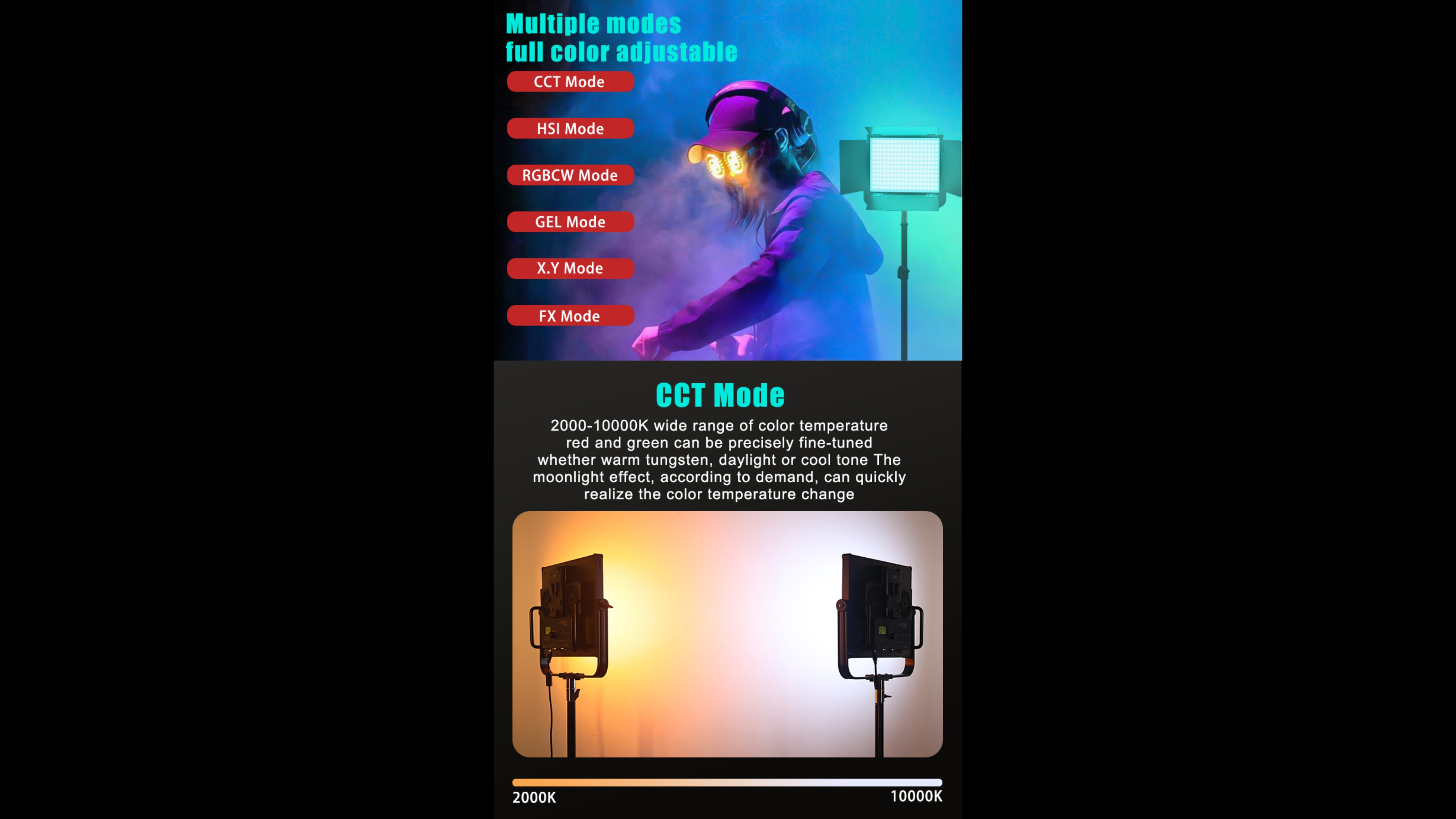 LUXCEO FL100R RGB LED video panel light featuring multiple modes including CCT (2000-10000K), HSI, RGBCW, GEL, XY, and FX.