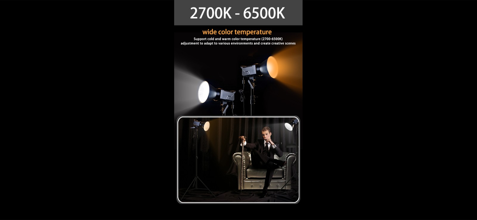 LUXCEO SL100D LED video light offers wide color temperature from 2700K to 6500K, supporting cold and warm color adjustment.