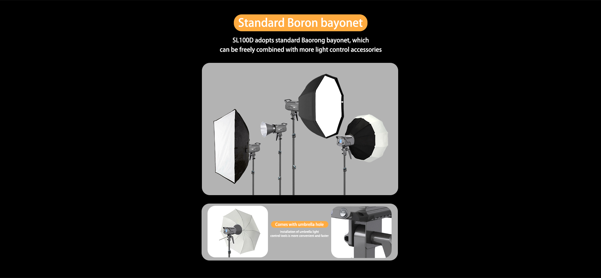 LUXCEO SL100D LED video light with a standard bayonet mount. It can combine with light control accessories and can attach an umbrella hole for light control.