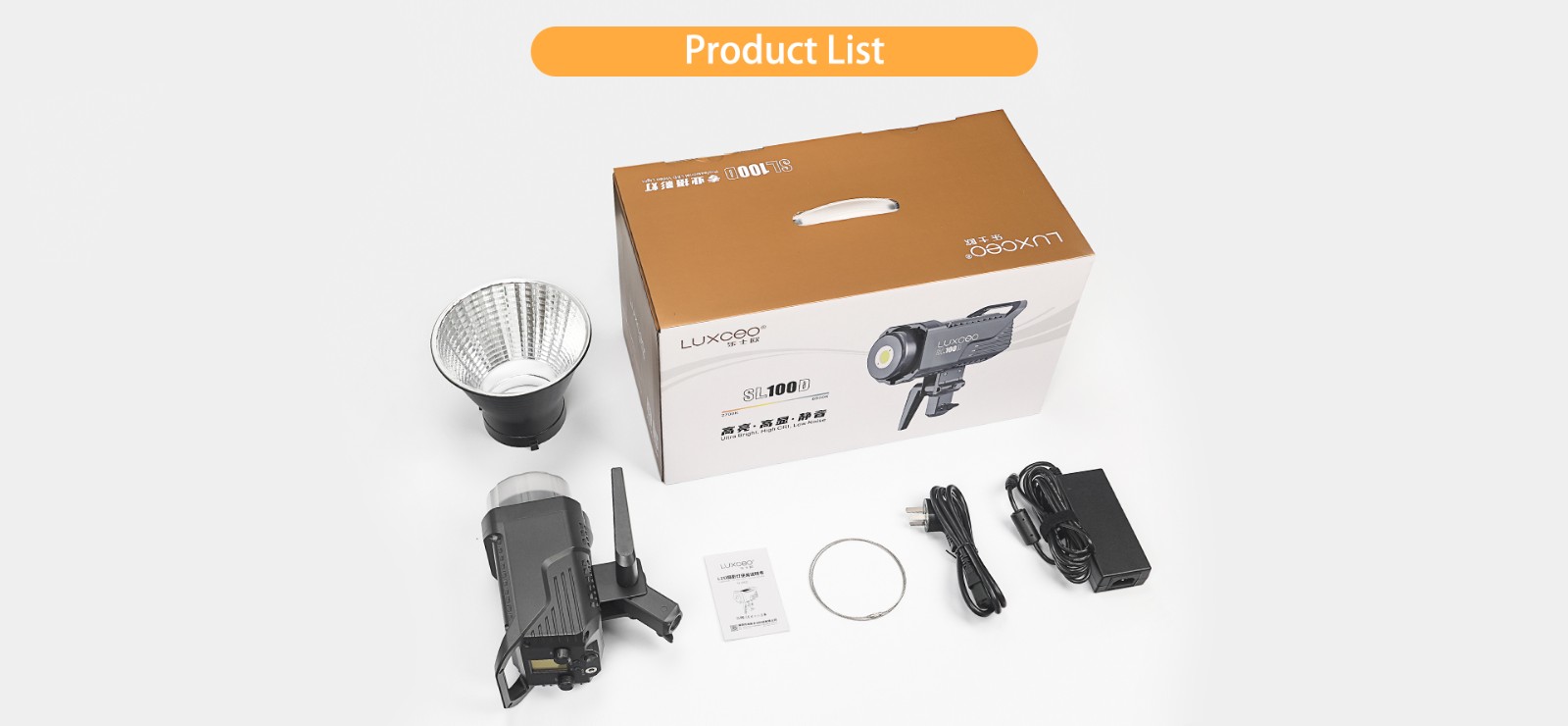 LUXCEO SL100D LED video light packing list includes the light, reflector, power adapter, user manual, and steel loop for hooking adapter.