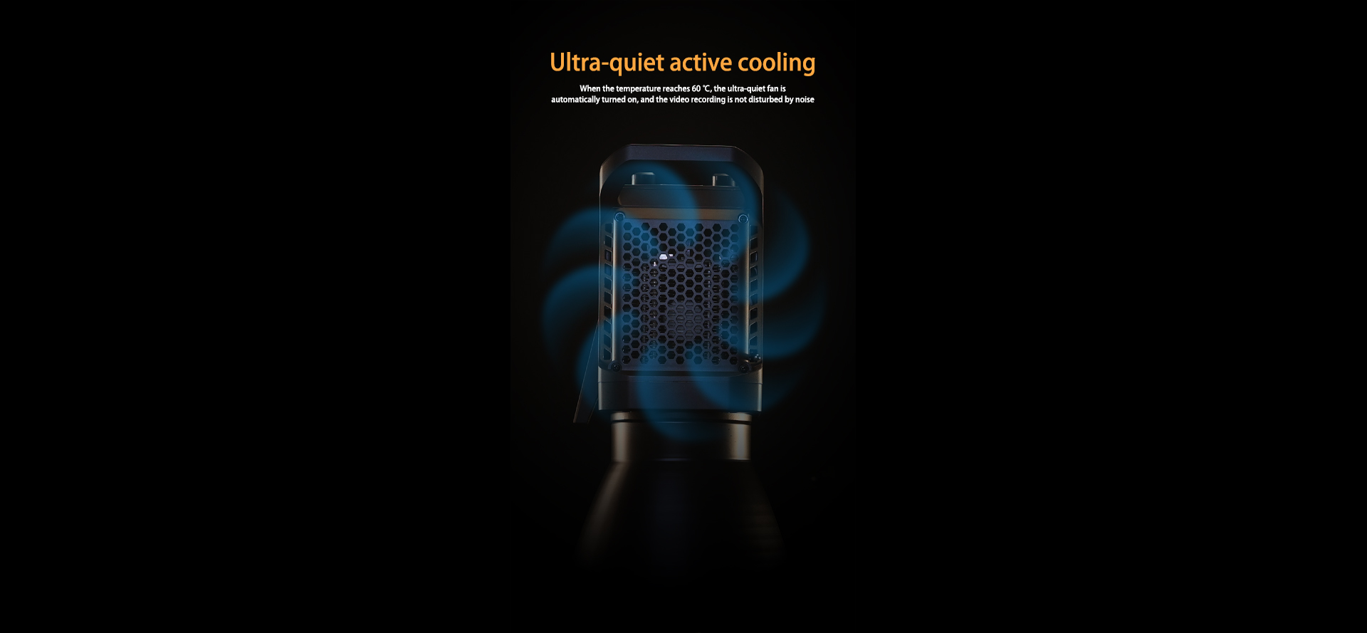 LUXCEO SL100D LED video light with ultra-quiet active cooling. A fan automatically turns on at 60°C, ensuring the video recording is not disturbed by noise.