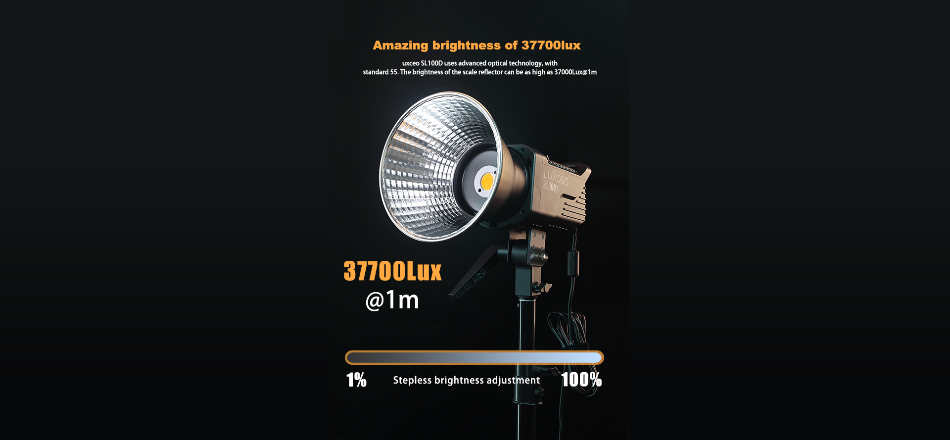 LUXCEO SL100D LED video light showcases amazing brightness of 37700 lux using LUXCEO SL100D core advanced optical technology, with 1-100% stepless brightness adjustment.