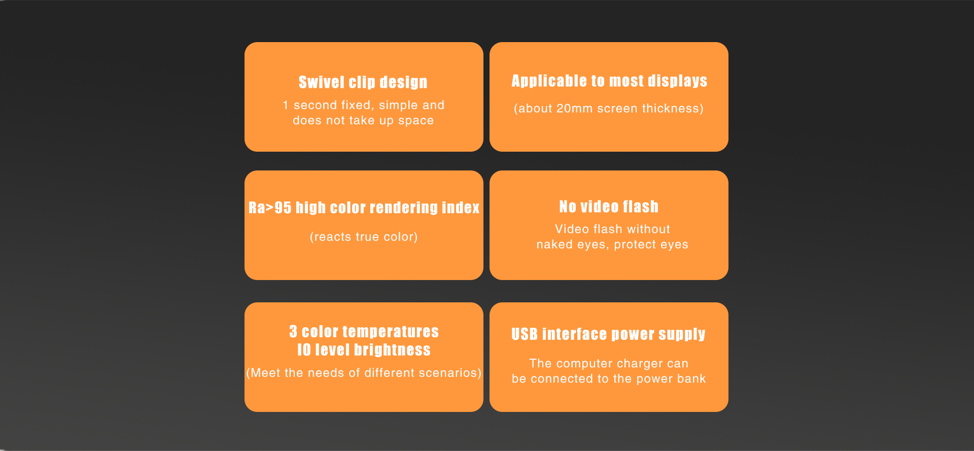 LUXCEO V01 LED fill light has six features: a swivel clip design, applicability to most displays, Ra>95 high color rendering index, no video flash, 3 color temperatures with 10 level brightness settings, and USB interface power supply.