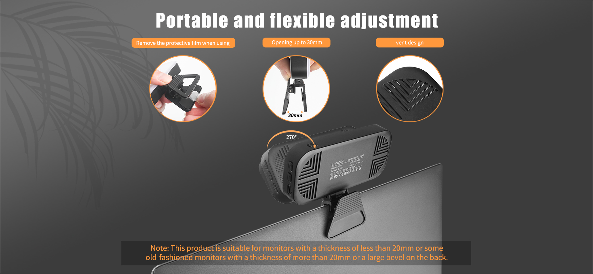 LUXCEO V01 LED fill light shows portable and flexible clip adjustment, with opening up to 30mm, 270° rotation, and a vent design.