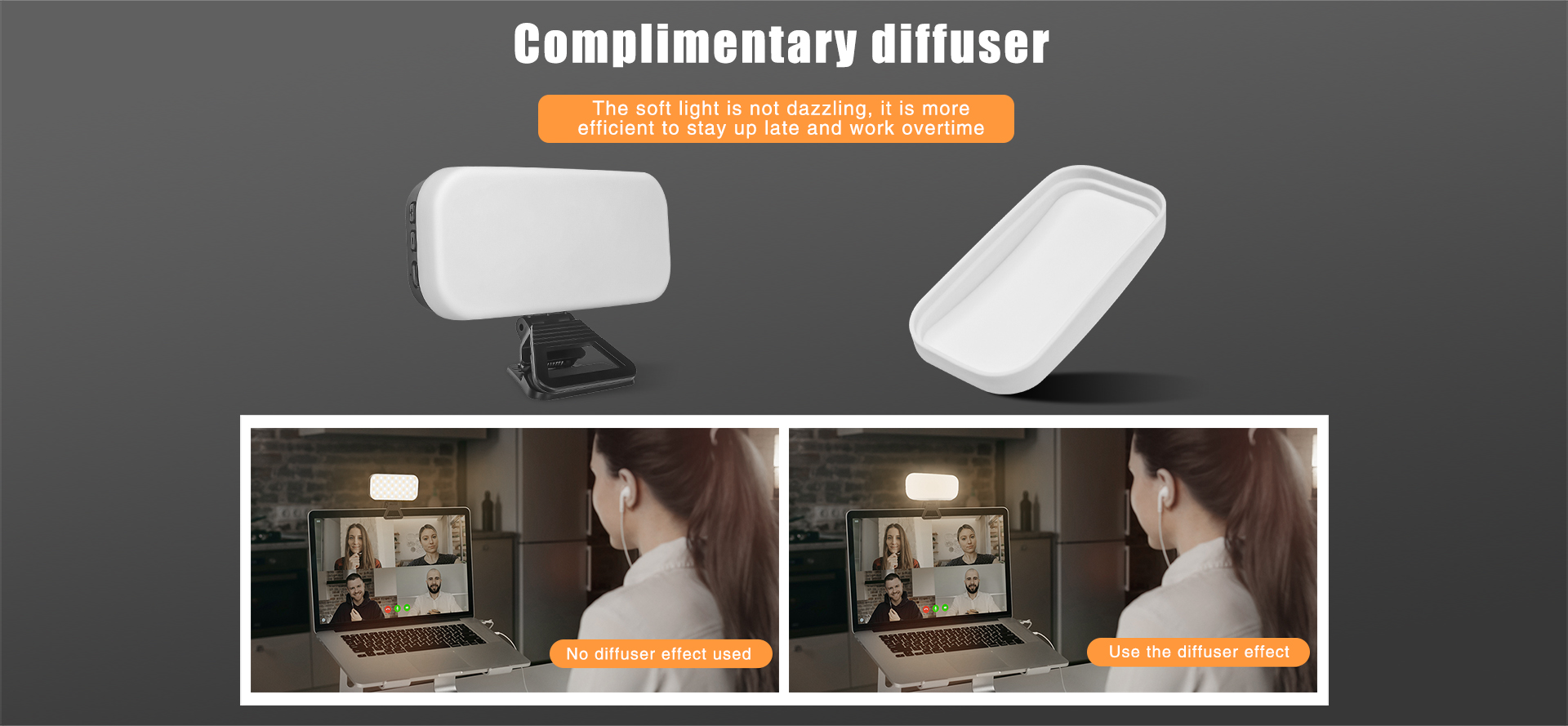 LUXCEO V01 LED fill light with complimentary diffuser. Soft light allows users to stay up longer and work overtime.