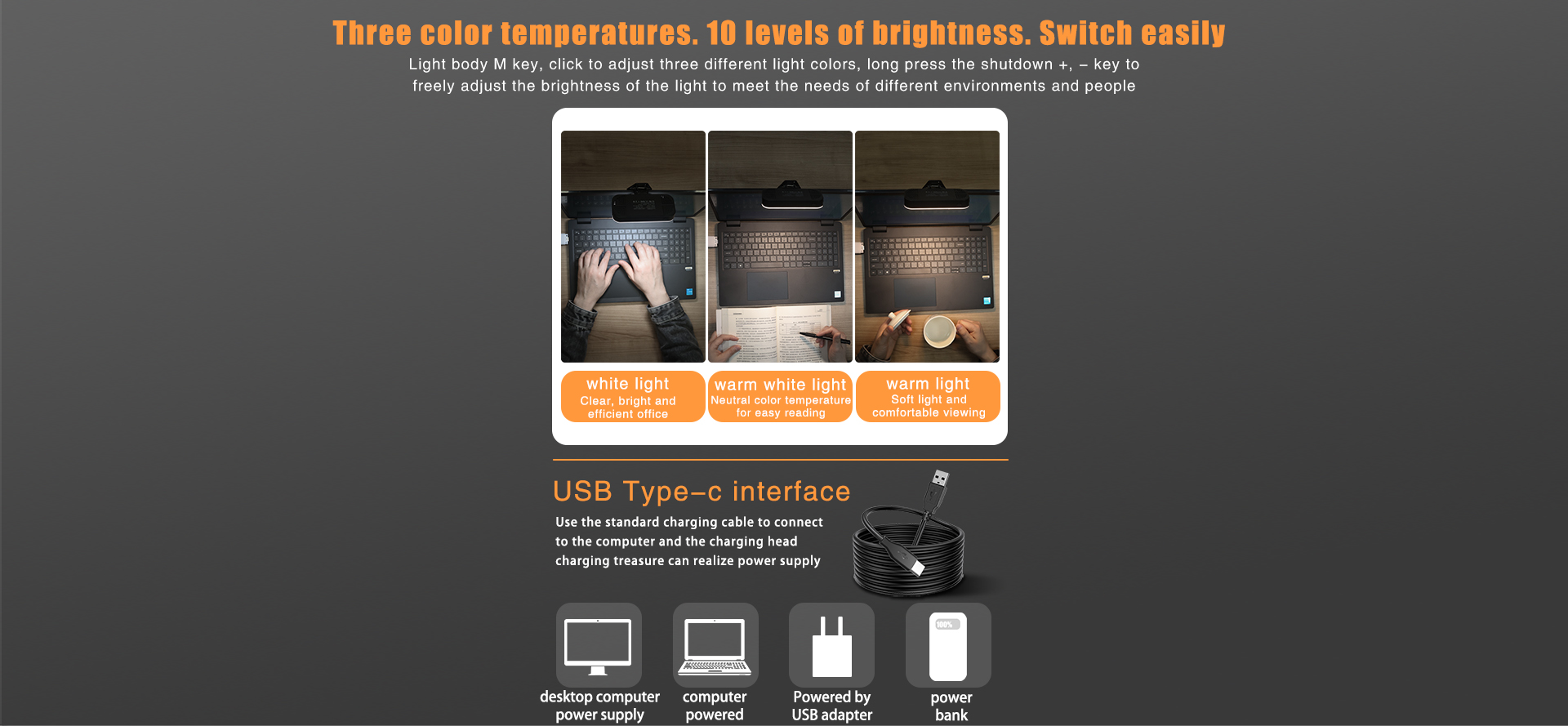 LUXCEO V01 LED fill light can adjustable easily with a body light 'M' key for different environments; powered by USB type-c interface with desktop, laptop, and power bank compatibility.