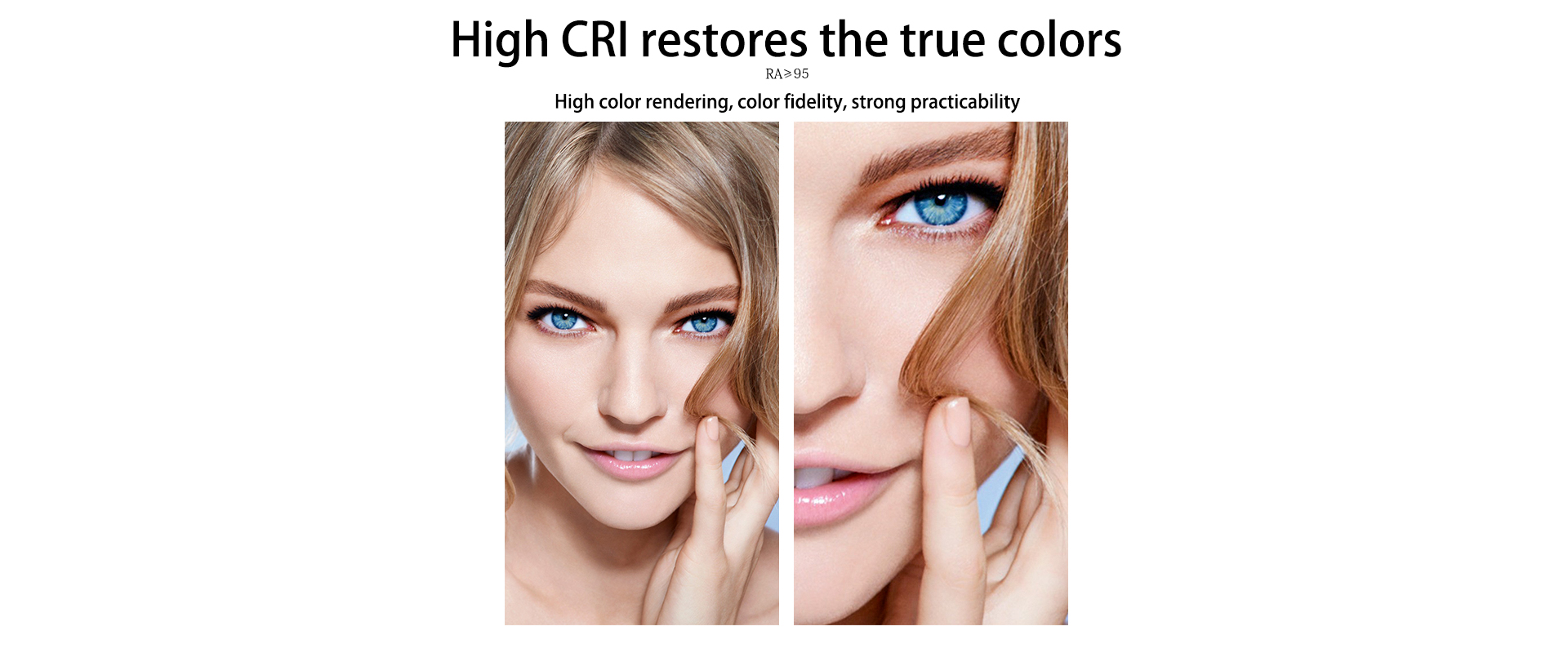 LUXCEO Q508A RGB LED photography light showcases high CRI of Ra>95, shown with a model's face to illustrate true color restoration and accurate skin tones.