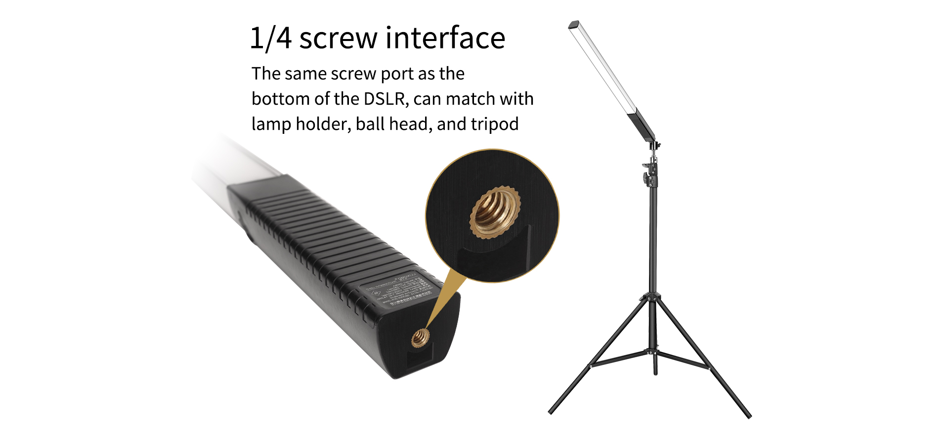 LUXCEO Q508A RGB LED photography light features a 1/4 screw interface that matches lamp holders, ball heads, and tripods.