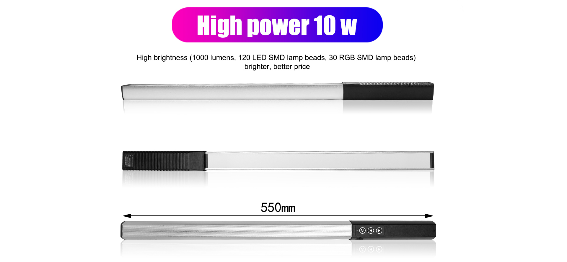 LUXCEO Q508A RGB LED photography light highlights its high power 10W output (1000 lumens) with 120 LED SMD lamp beads and 30 RGB SMD lamp beads.  The light is 550mm long.