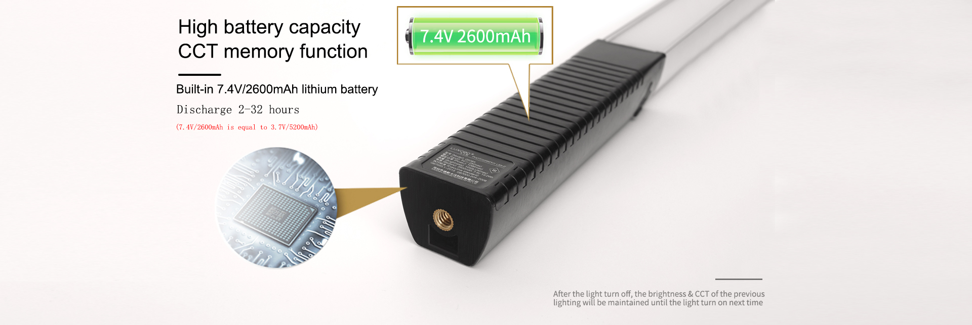 LUXCEO Q508A RGB LED photography light with high battery capacity of 7.4V/2600mAh (equivalent to 3.7V/5200mAh) provides 2-32 hours discharge.