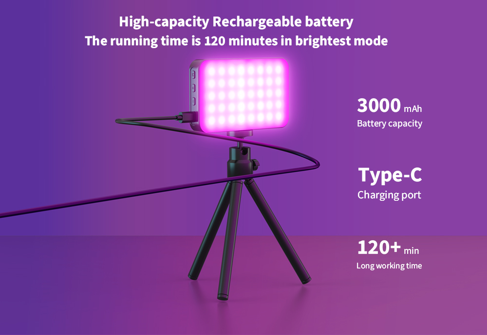 LUXCEO V10 Pro RGB LED video light panel highlights the high-capacity rechargeable battery of 3000 mAh with Type-C charging port giving the user a 120+ min long working time.