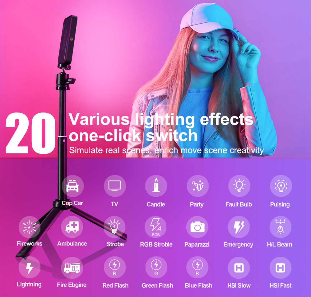 LUXCEO V10 Pro RGB LED video light panel has 20 lighting effects with one-click switch for creative scene simulation including cop car, TV, candle, party, fault bulb, pulsing, fireworks, ambulance, strobe, RGB Strobile, paparazzi, emergency, H/L Beam, lightning, fire engine, red, green, and blue flash, HSI Slow, HSI Fast.