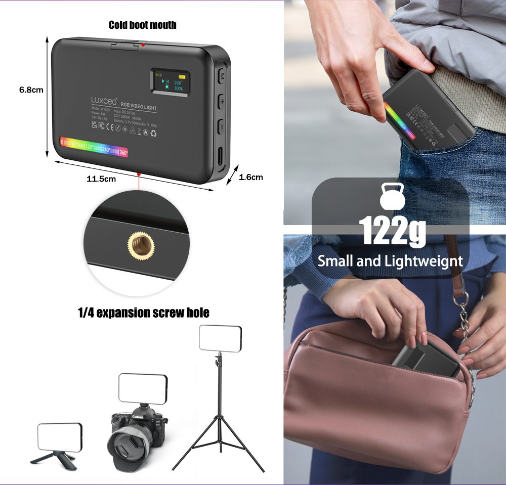 LUXCEO V10 Pro RGB LED video light panel is compact and lightweight. Specifications include 1.6 cm width, 11.5 cm length and 6.8 cm height, 122g weight, along with its cold boot mouth and 1/4 expansion screw hole.