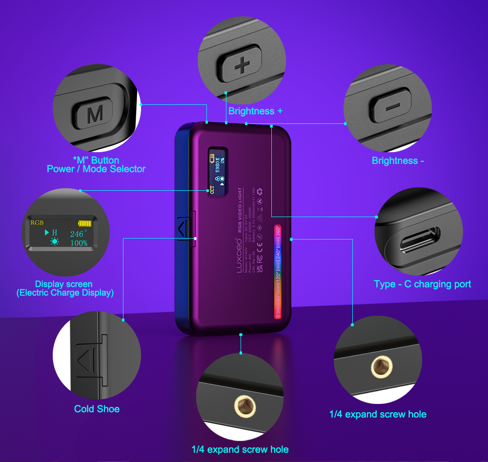 LUXCEO V10 Pro RGB LED video light panel displays button functionality for brightness control (+/-) and M button for power/mode selection, display screen showing battery charge, Type-C charging port, cold shoe and 1/4 inch screw hole.