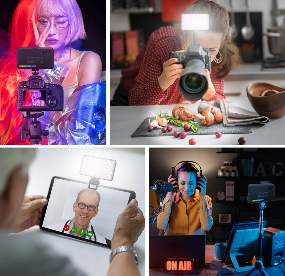 LUXCEO V10 Pro RGB LED video light panel displayed in versatile usage scenarios to be mounted on a camera, tripod or to clip on a tablet for food photography, portrait photography, doctor appointment, and broadcast work.