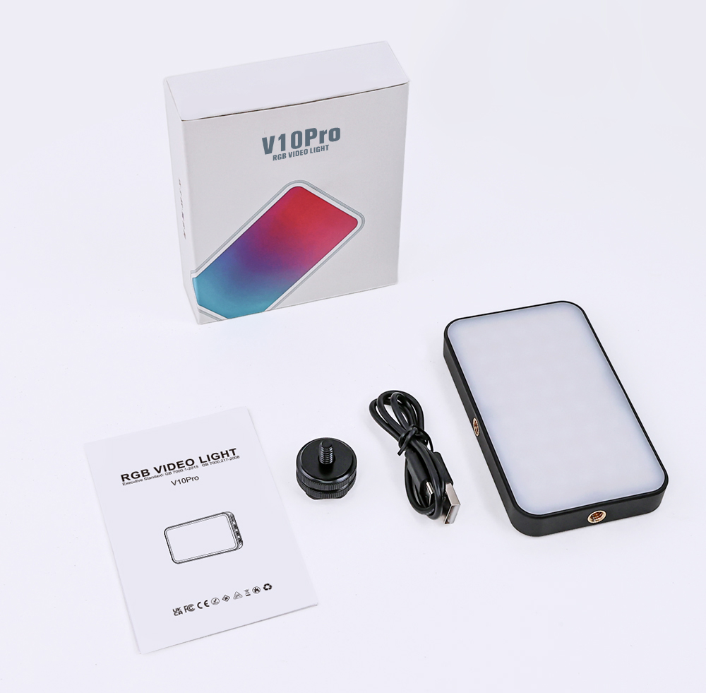 LUXCEO V10 Pro RGB LED video light panel packing list includes the V10Pro RGB video light panel, the packaging box, a usb cable and the instructions manual.