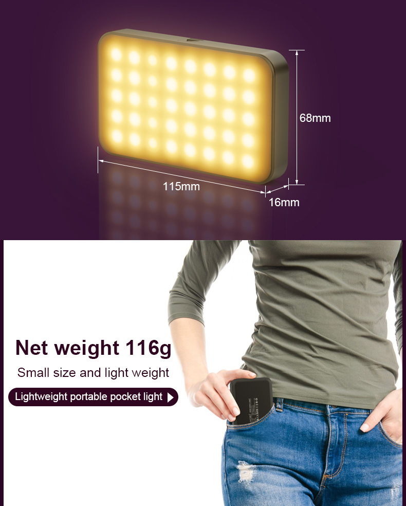 LUXCEO V10 RGB LED Camera Video Light with a small size and lightweight, weighs 116g. A women is shown putting the small lightweight device in her pocket.
