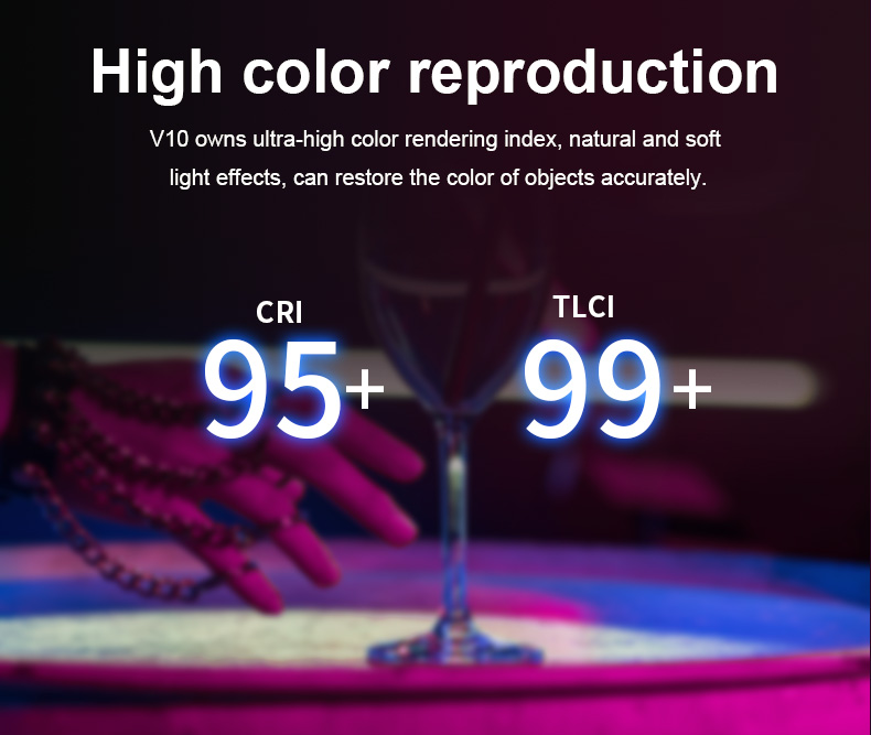 LUXCEO V10 RGB LED Camera Video Light featuring high color rendering index (CRI) of 95+ and TLCI of 99+.