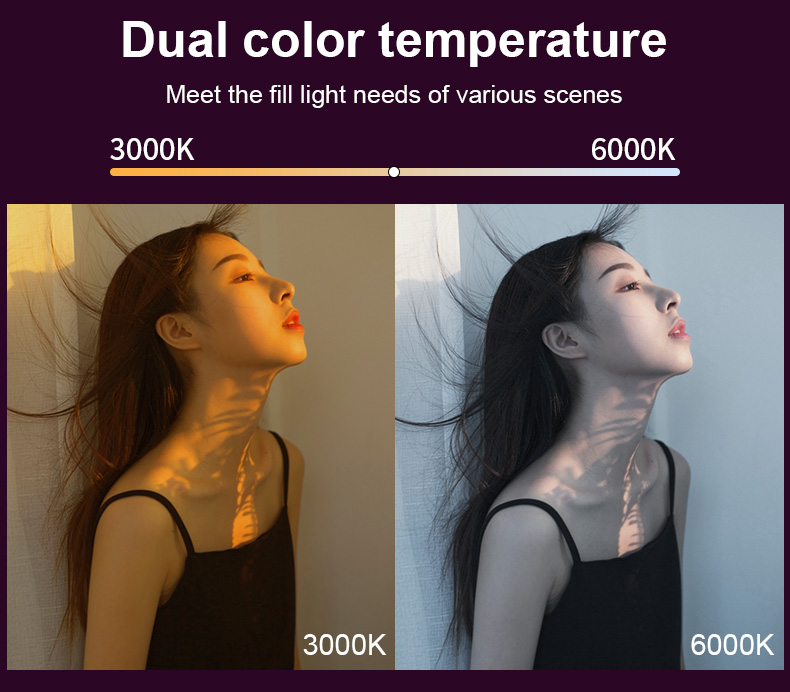 LUXCEO V10 RGB LED Camera Video Light with dual color temperature 3000K-6000K. A model was lit under warm and cool color temps to highlight the varying moods.
