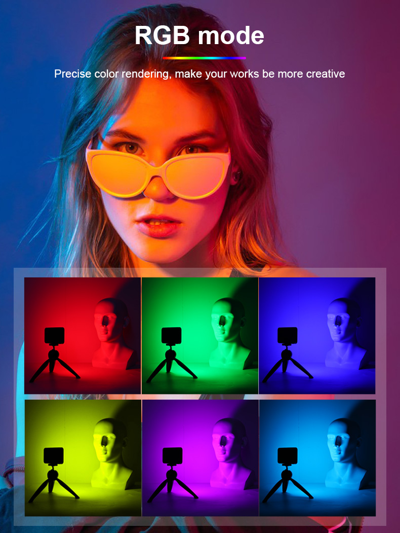 LUXCEO V10 RGB LED Camera Video Light in RGB mode. A model demonstrates how she is being lit using a variety of colors and 6 panels.