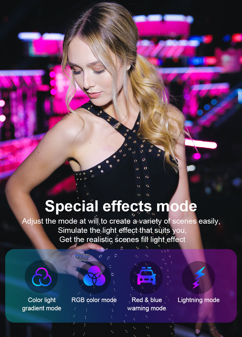 LUXCEO V10 RGB LED Camera Video Light showcasing the special effects mode that simulates various scenes easily, including: color gradient mode, RGB color mode, red & blue warning mode, and lightning mode.
