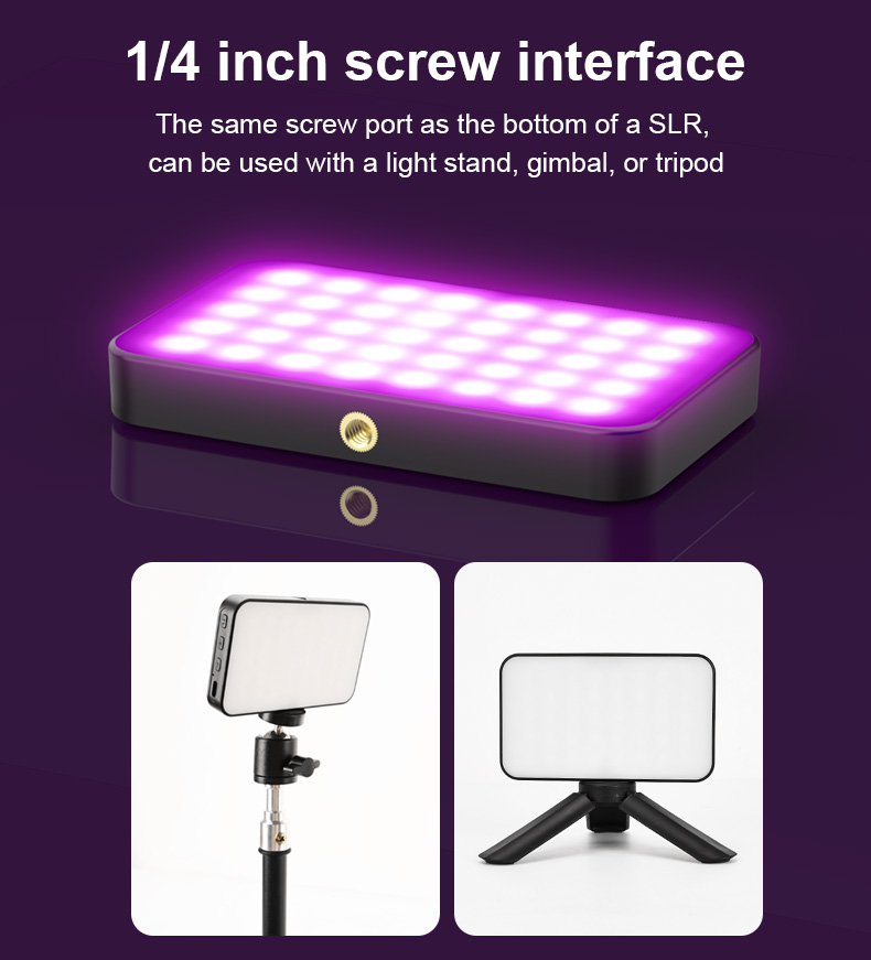 LUXCEO V10 RGB LED camera video light with a 1/4 inch screw interface on bottom can be used with a light stand, gimbal, or tripod.
