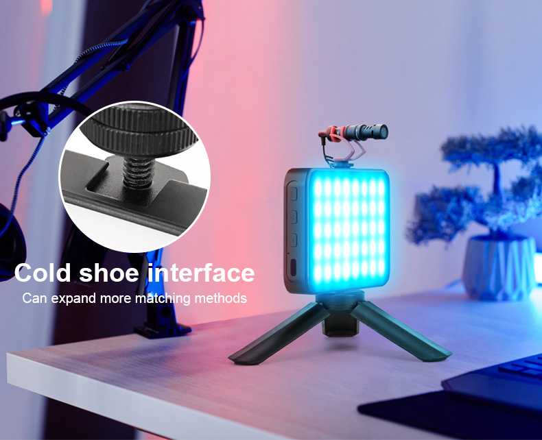 LUXCEO V10 RGB LED camera video light features a cold shoe interface that can expand to multiple matching methods.