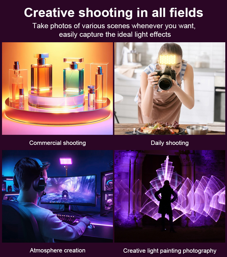 LUXCEO V10 RGB LED camera video light has creative shooting scenarios, including commercial shooting of perfumes, daily shooting of dishes, atmosphere creation, and creative light painting photography.