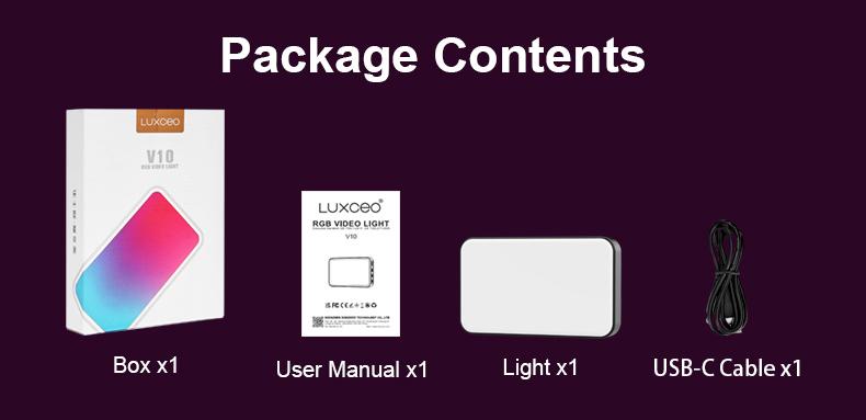 LUXCEO V10 RGB LED camera video light packing list includes the RGB video light, user manual, a packaging box, and a USB-C cable.