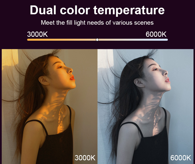 LUXCEO V8 Portable RGB LED Fill Light displays dual color temperature capabilities, with warm (3000K) and cool (6000K) lighting options being shown on a model.