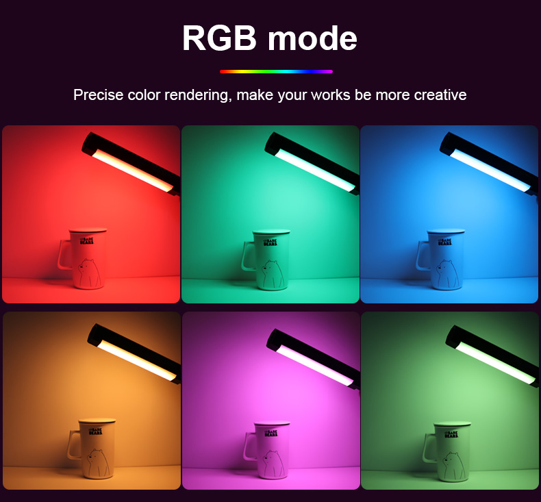 LUXCEO V8 Portable RGB LED Fill Light RGB mode, showcases various colors (red, green, blue, yellow, magenta, cyan) illuminating a mug.