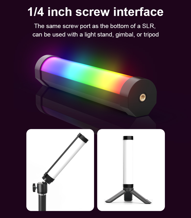 LUXCEO V8 portable RGB LED fill light with a standard 1/4 inch screw for light stand, gimbal, or tripod.