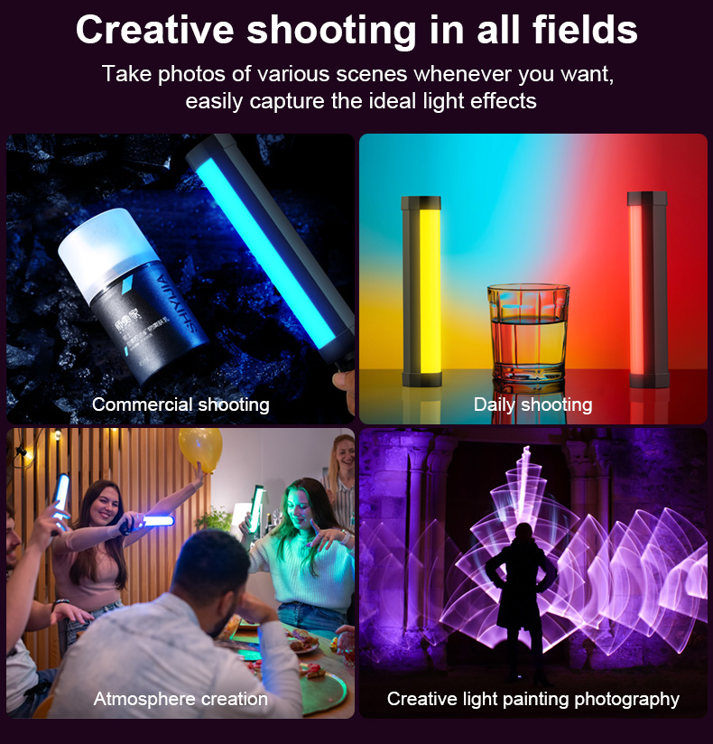 LUXCEO V8 portable RGB LED fill light being displayed in commercial and daily shooting scenarios, along with atmosphere creation, and creative light painting photography.