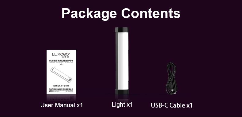 LUXCEO V8 Portable RGB LED Fill Light packing list includes the light, a manual, and a USB-C cable.