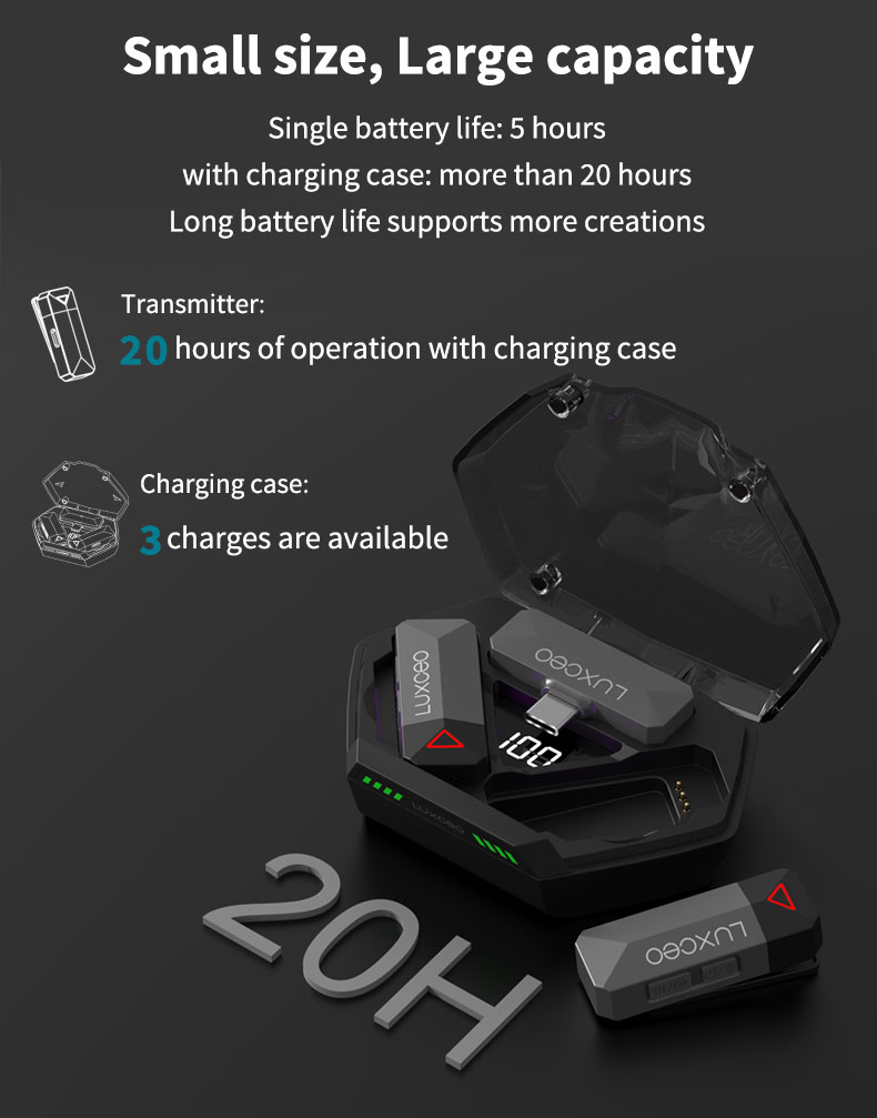 LUXCEO M8/M8 Pro wireless lavalier microphone with long battery life, including 5 hours of use from a single charge, and more than 20 hours with the charging case. The case provides 3 additional charges.