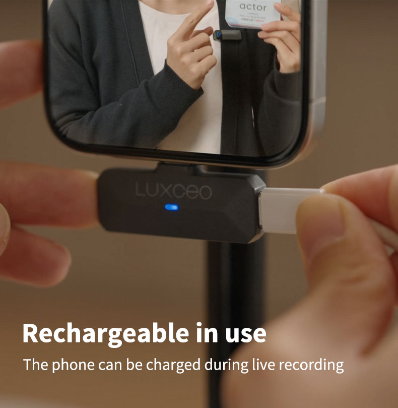 LUXCEO M8/M8 Pro wireless lavalier microphone features phone charging during live recording.