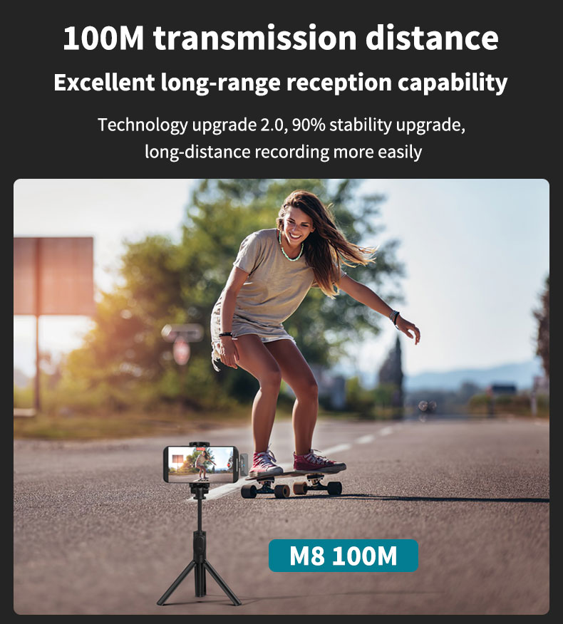 LUXCEO M8 Wireless Lavalier Microphone with long 100M Transmission Distance capability. Someone is on a skateboard while a camera is remotely recording with wireless lavalier microphone.