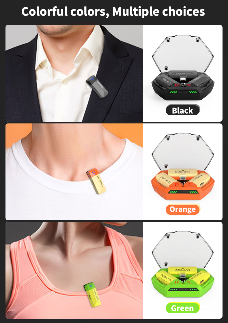 LUXCEO M8 Wireless Lavalier Microphone with multiple color options. The available colors in orange, green, and black.