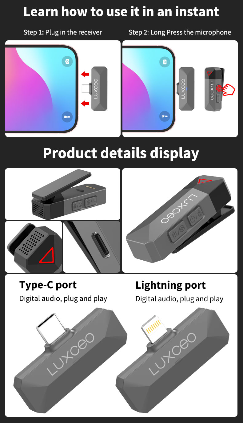 LUXCEO M8 Wireless Lavalier Microphone with plug-and-play setup instructions. The user can easily install in 2 steps, plug receiver in and long press microphone to activate.