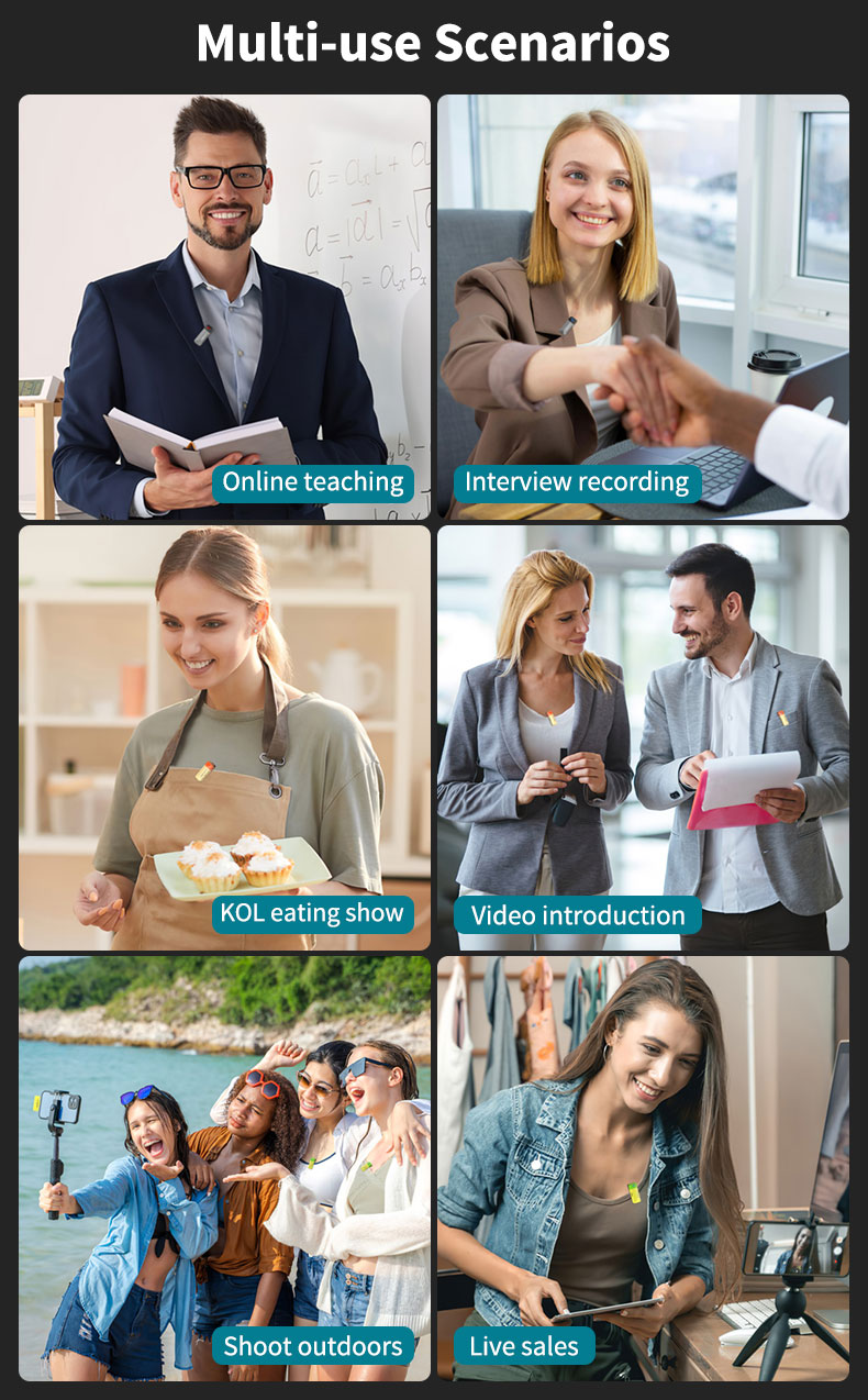 LUXCEO M8 Wireless Lavalier Microphone in various use cases: online teaching, interview recording, KOL eating show, video introduction, outdoor shooting, and live sales are shown.